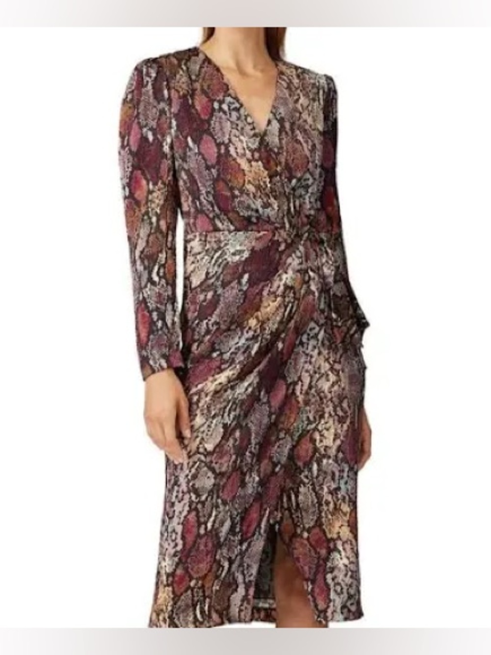 Rebecca Taylor Burgundy Rust Snake-Print Wrap Midi Dress Size 2 - Picture 1 of 15